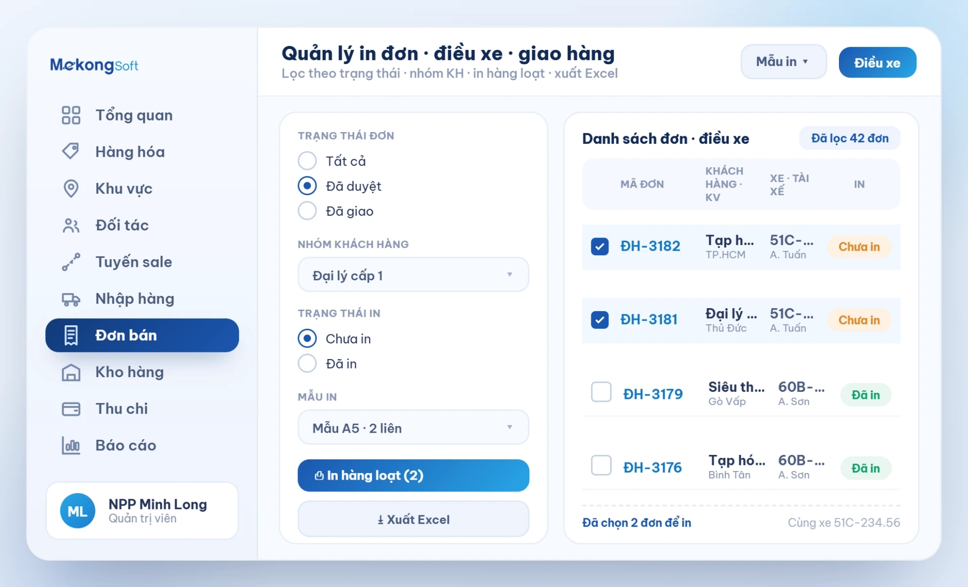 Quản lý in đơn hàng, điều xe, giao hàng