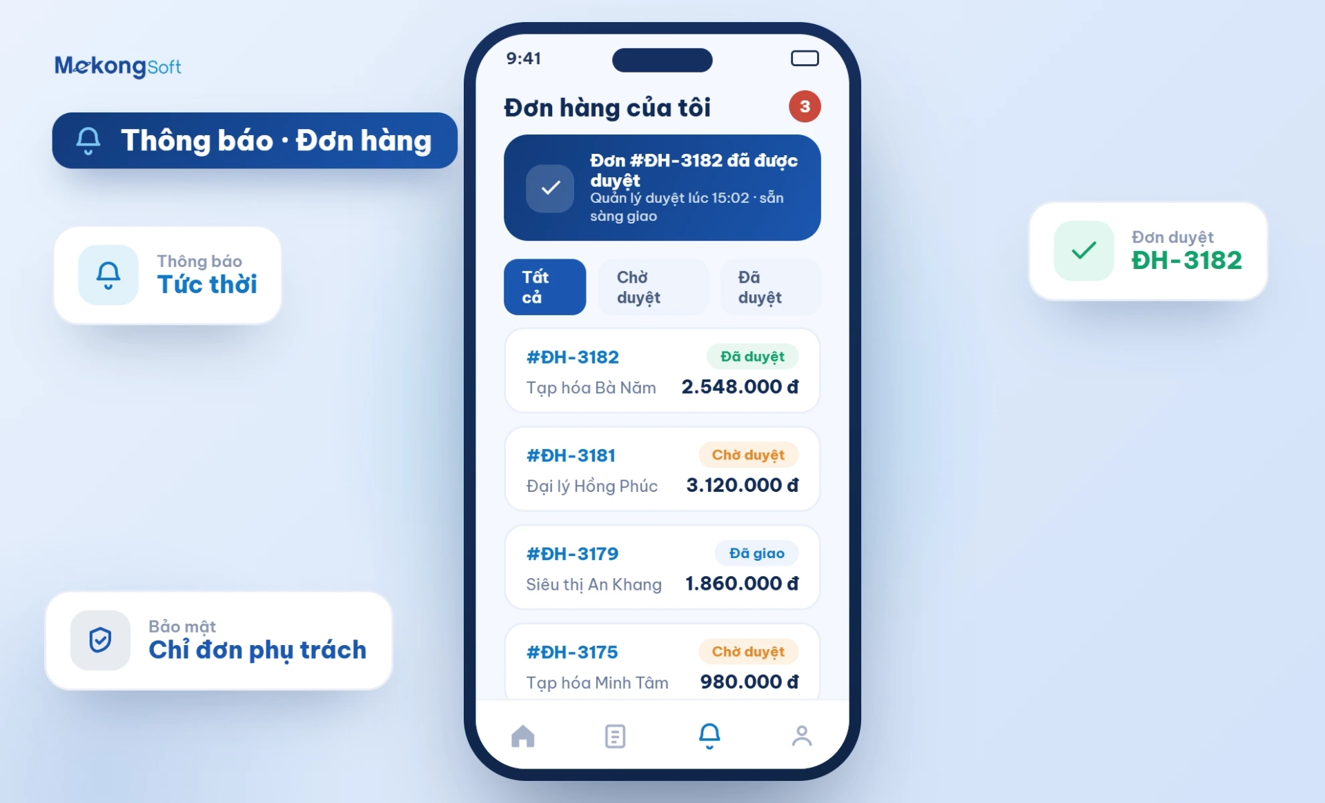 App cho nhân viên sale – Thông báo, danh sách đơn hàng