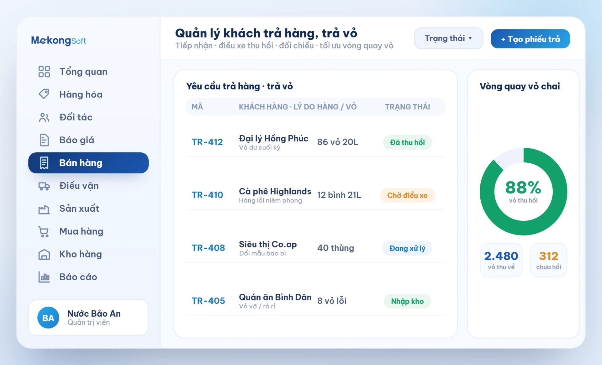 Quản lý khách trả hàng, trả vỏ