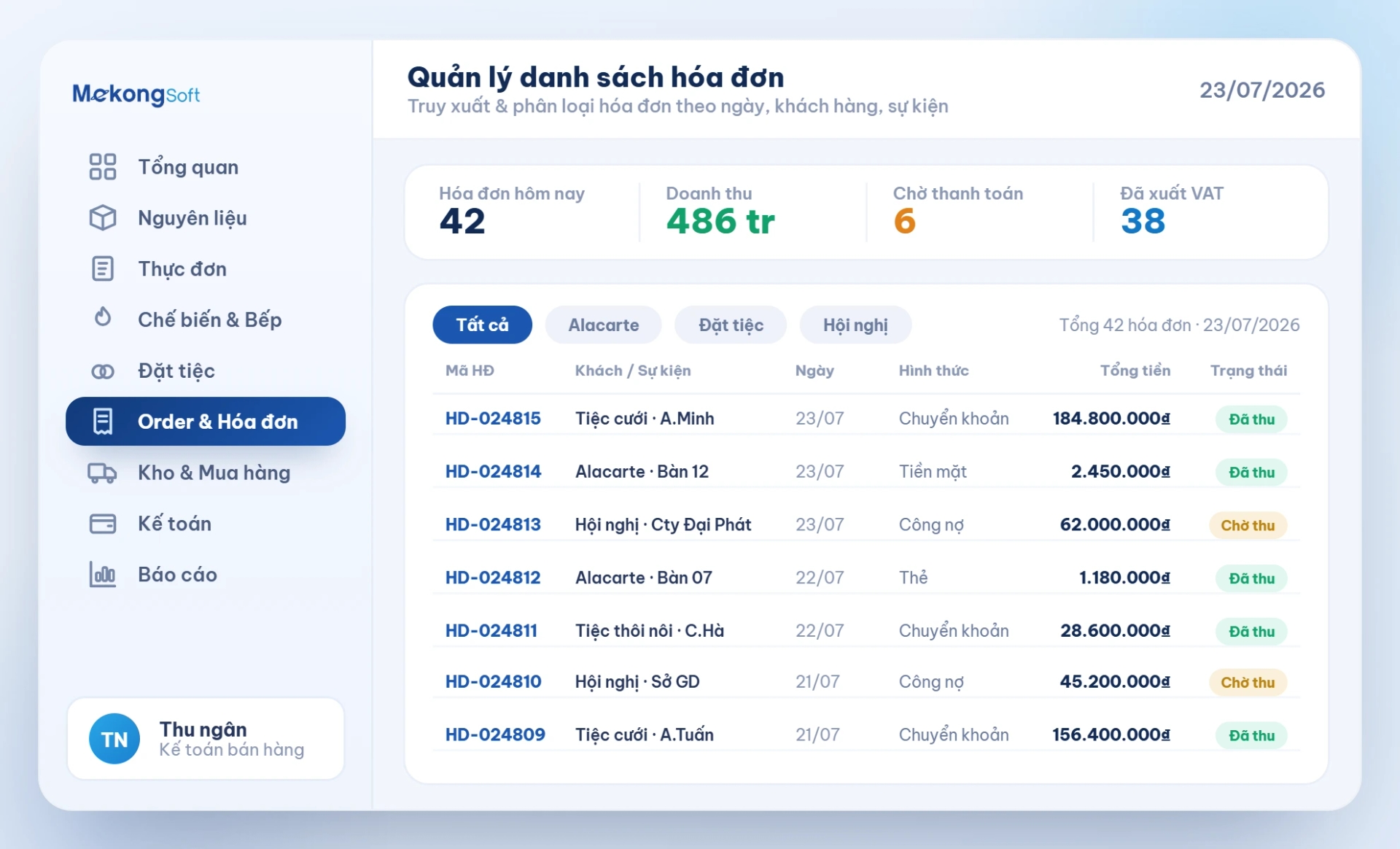 Quản lý danh sách hóa đơn