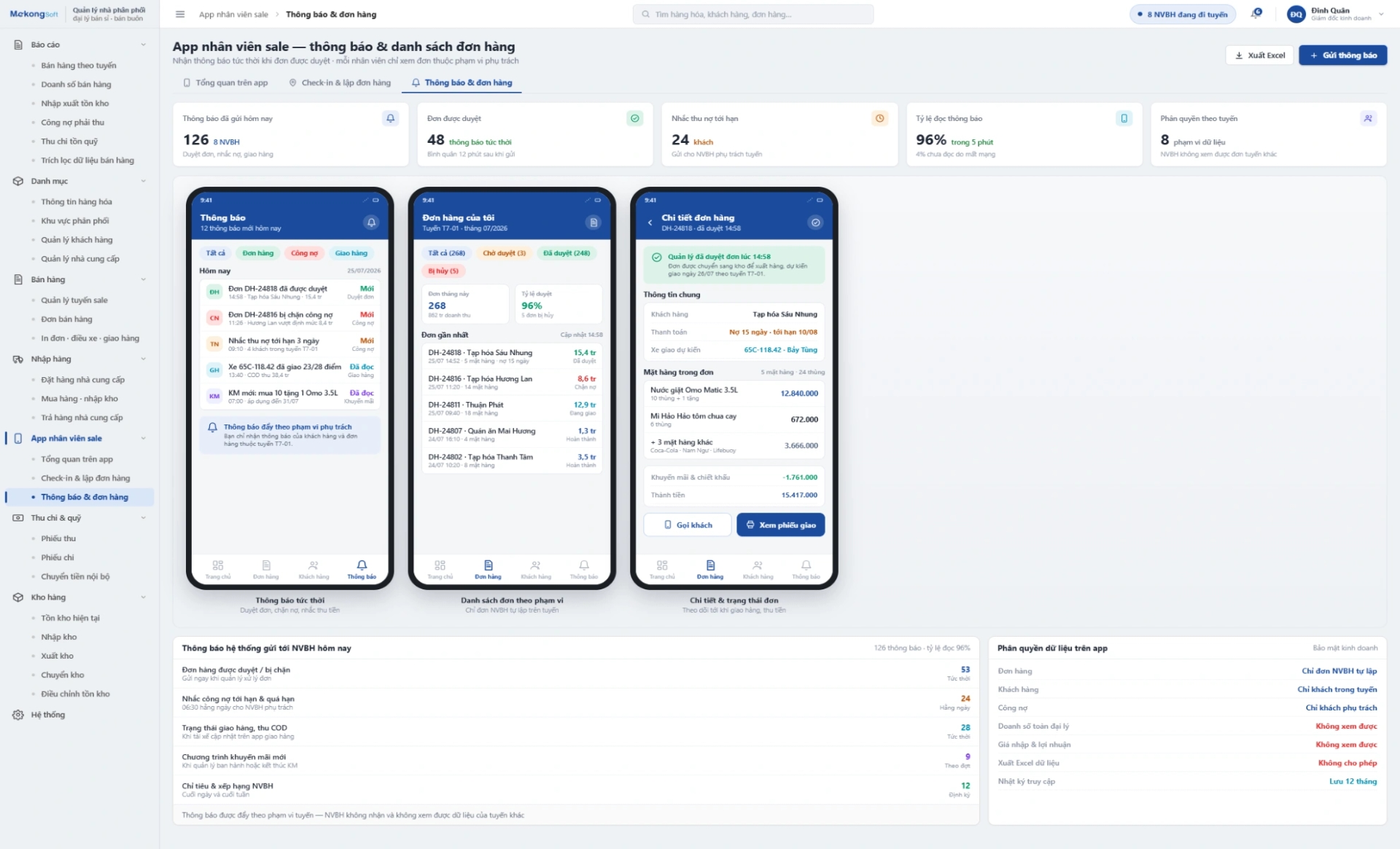 App cho nhân viên sale – Thông báo, danh sách đơn hàng