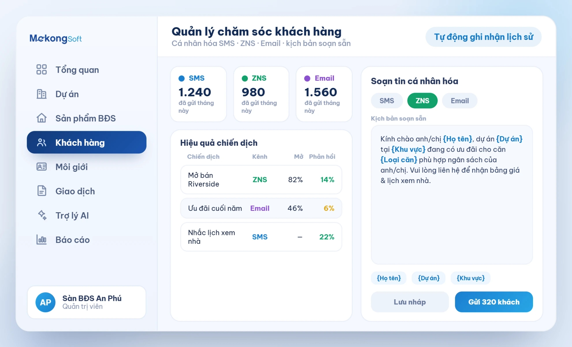Quản lý chăm sóc khách hàng (Bao gồm gửi SMS/ZNS hoặc Email)