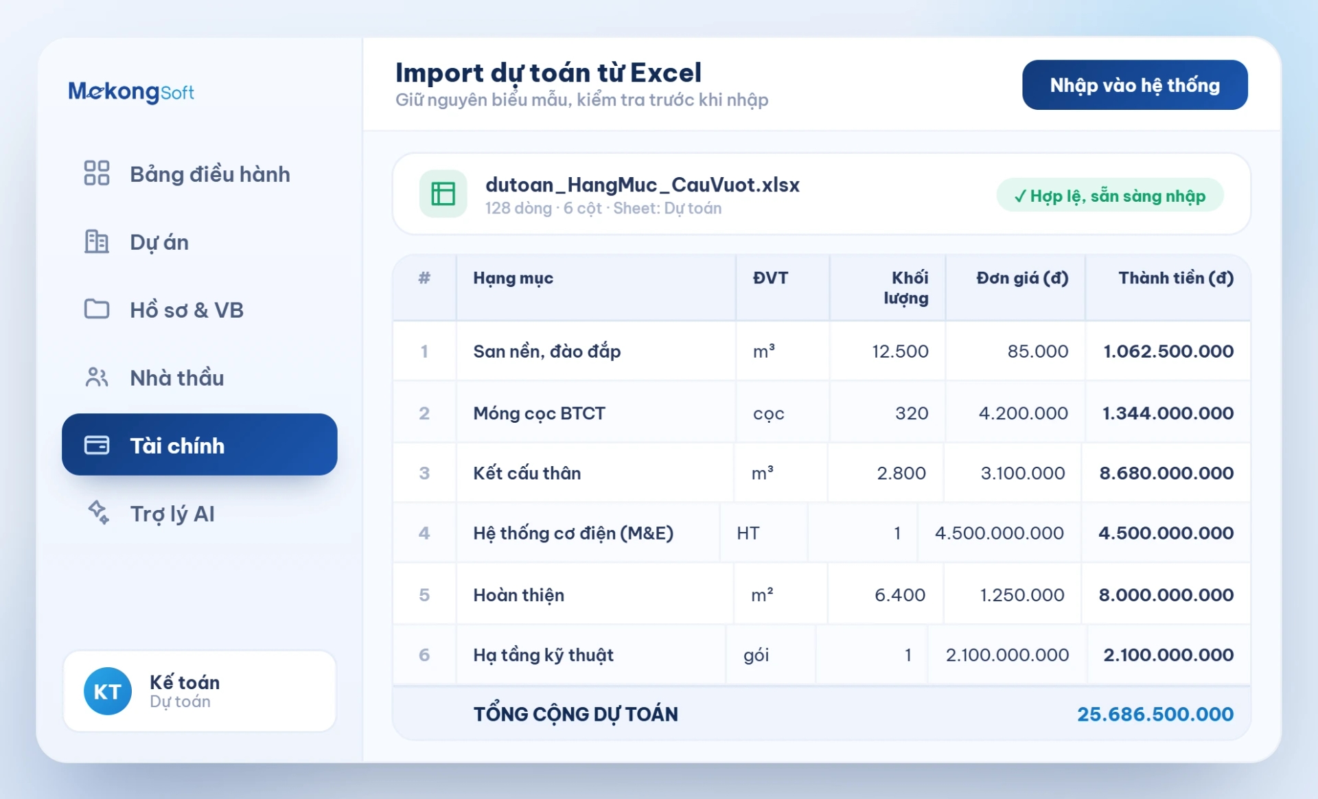 Import dự toán từ excel