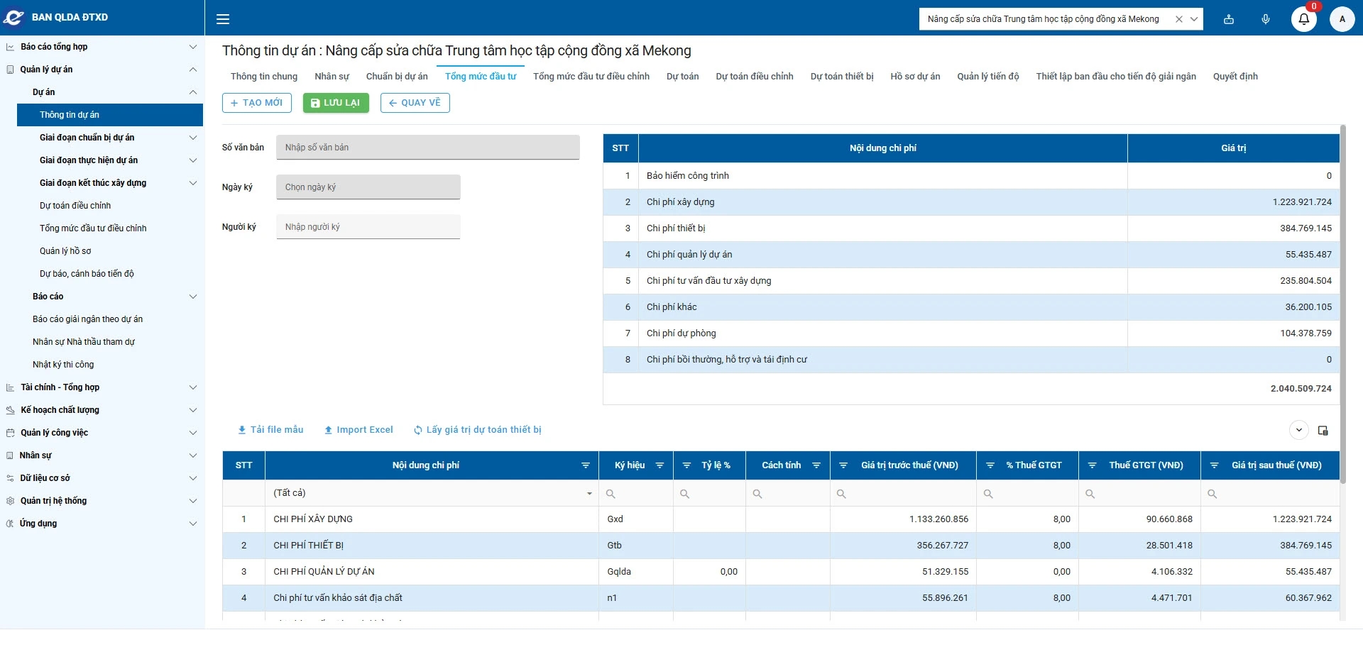 Import dự toán từ excel