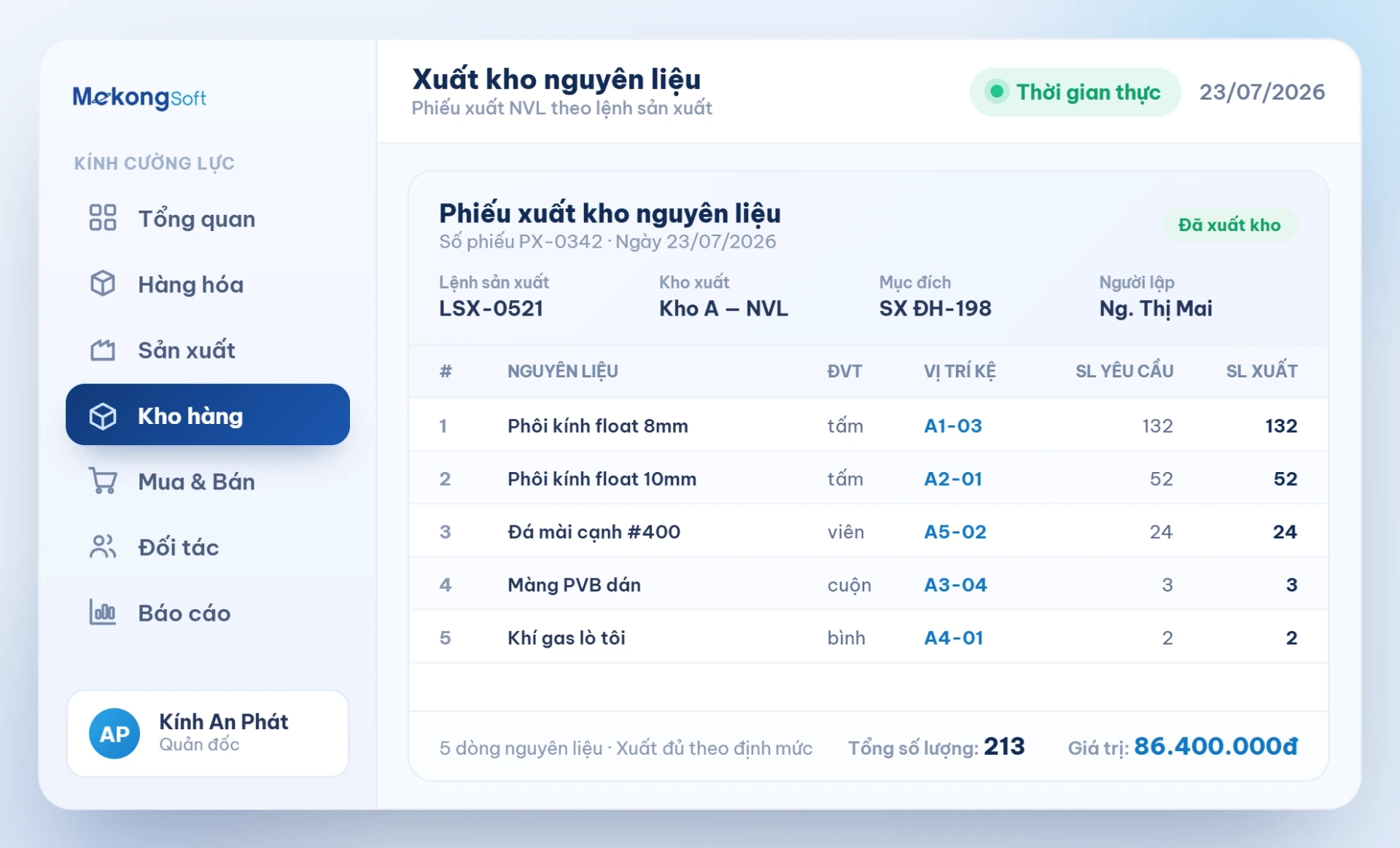 Quản lý xuất kho nguyên liệu