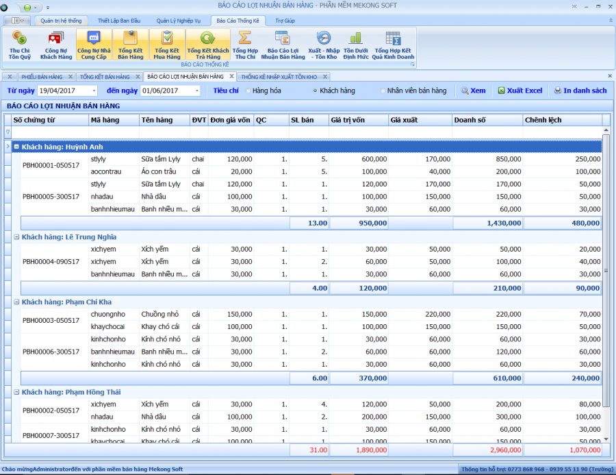 Giao diện quản lý doanh thu, lợi nhuận theo khách hàng trong phần mềm MekongSoft